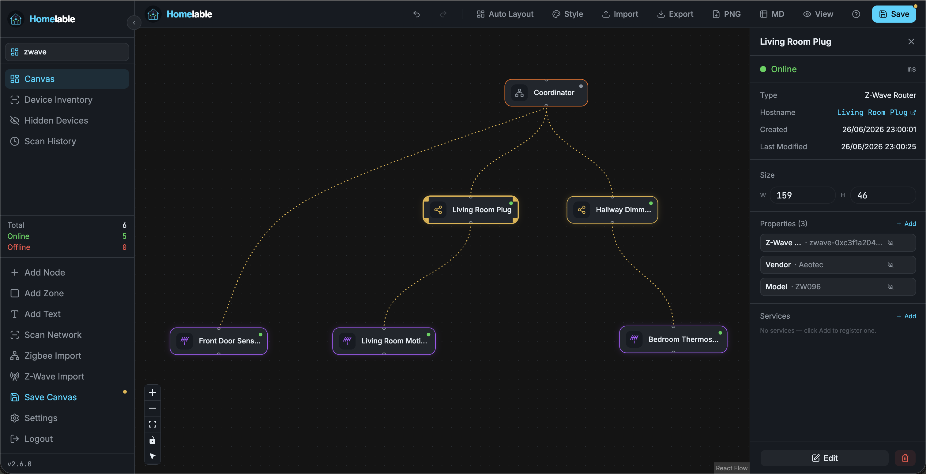 Z-Wave mesh topology imported from Z-Wave JS — controller, routing nodes and sleeping devices on the canvas